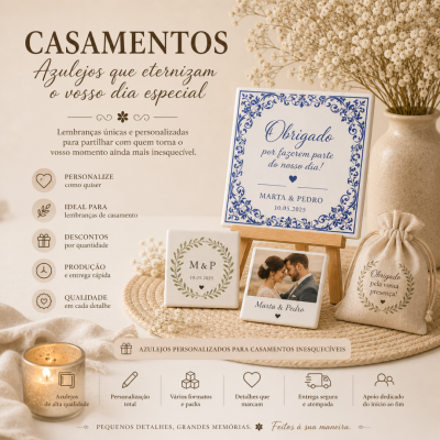Azulejos personalizados para casamentos com padrões florais, texto em português, saco de tecido, flores secas e vela decorativa