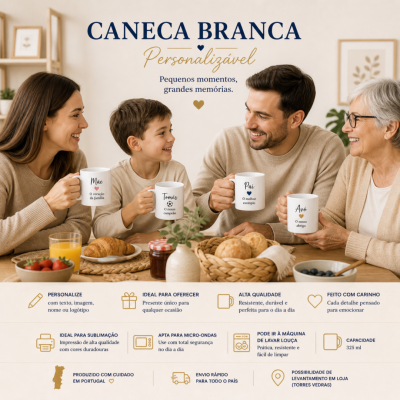 Família feliz com canecas brancas personalizadas numa mesa de pequeno-almoço