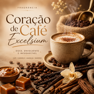 Cappuccino numa chávena bege com grãos de café, paus de canela, baunilha, caramelo e texto promocional de fragrância Coração de Café Excelsium