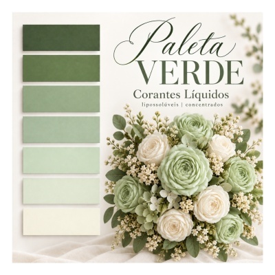 Paleta de cores verde com flores e texto sobre corantes líquidos