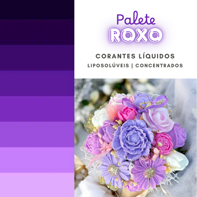 Paleta de cores roxas ao lado de texto sobre corantes líquidos e foto de bouquet de flores artificiais em tons roxos e rosa