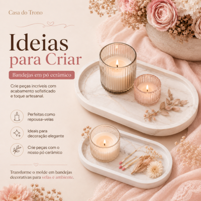Bandejas ovais brancas em pó cerâmico com velas acesas e flores secas sobre tecido rosa