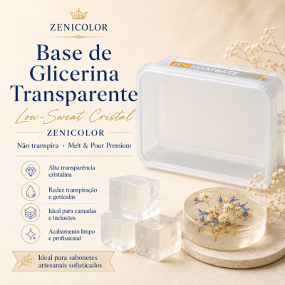 Base de glicerina transparente Zenicolor com cubos e sabonete decorado em fundo neutro.