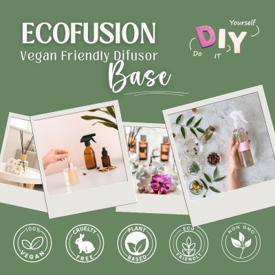 Frascos difusores vegans ECOFUSION em fotos tipo polaroid com texto e ícones ambientais sobre fundo verde