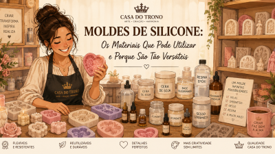 Mulher com avental segurando molde de silicone rosa cercada por moldes e ingredientes etiquetados e placa de sugestões, mesa de trabalho e decoração em madeira.