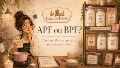 Mulher confusa com bloco de notas e produtos de cera de soja APF e BPF em prateleira no ambiente da Casa do Trono.