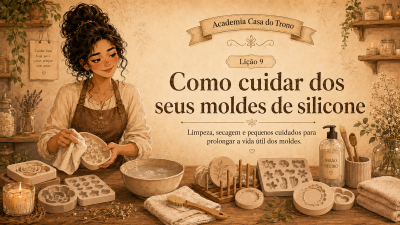 Mulher a limpar moldes de silicone numa mesa com vários utensílios e texto instrutivo em fundo bege