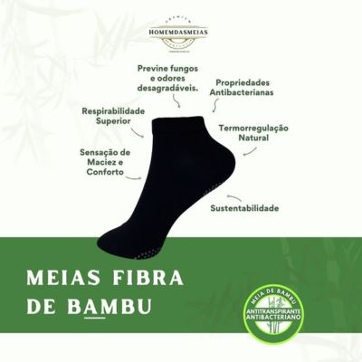 Meia preta de fibra de bambu com descrição das propriedades e selo antibacteriano antitranspirante
