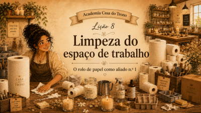 Espaço de trabalho com rolos de papel CASA DO TRONO, velas, cera de soja e álcool de limpeza