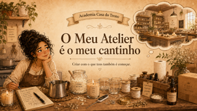 Jovem num atelier com materiais para fazer velas e texto sobre o atelier