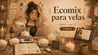 Mulher em avental pesa grãos para velas, várias tigelas rotuladas e caderno com notas sobre velas
