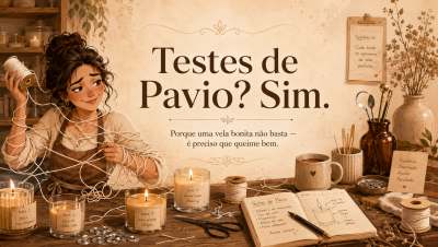 Mulher com avental organiza pavio junto a várias velas acesas e anotações manuscritas em ambiente rústico de fabricação de velas