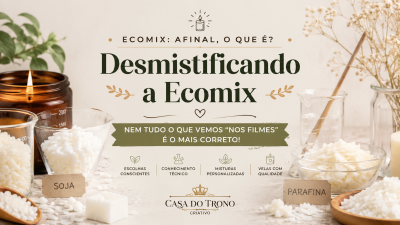 Imagem de ceras em recipientes com rótulos soja e parafina e texto promocional Ecomix Casa do Trono