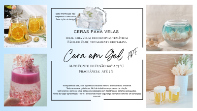 Cartaz promocional de cera em gel para velas com texto em português e várias velas decorativas em copos de vidro