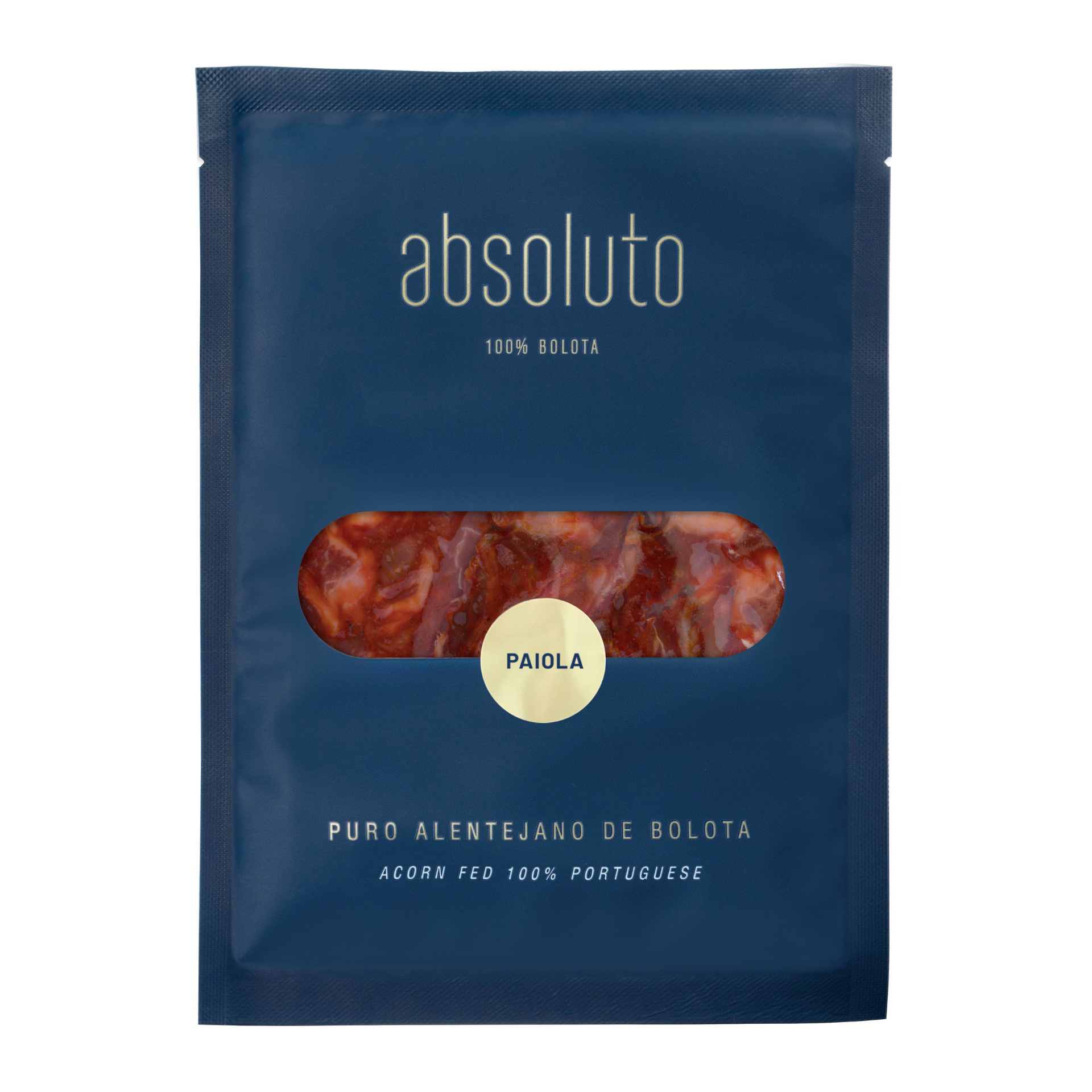 Paiola de porco preto alentejano 100% bolota Embalagem azul de embalado a vácuo com enchido fatiado visível