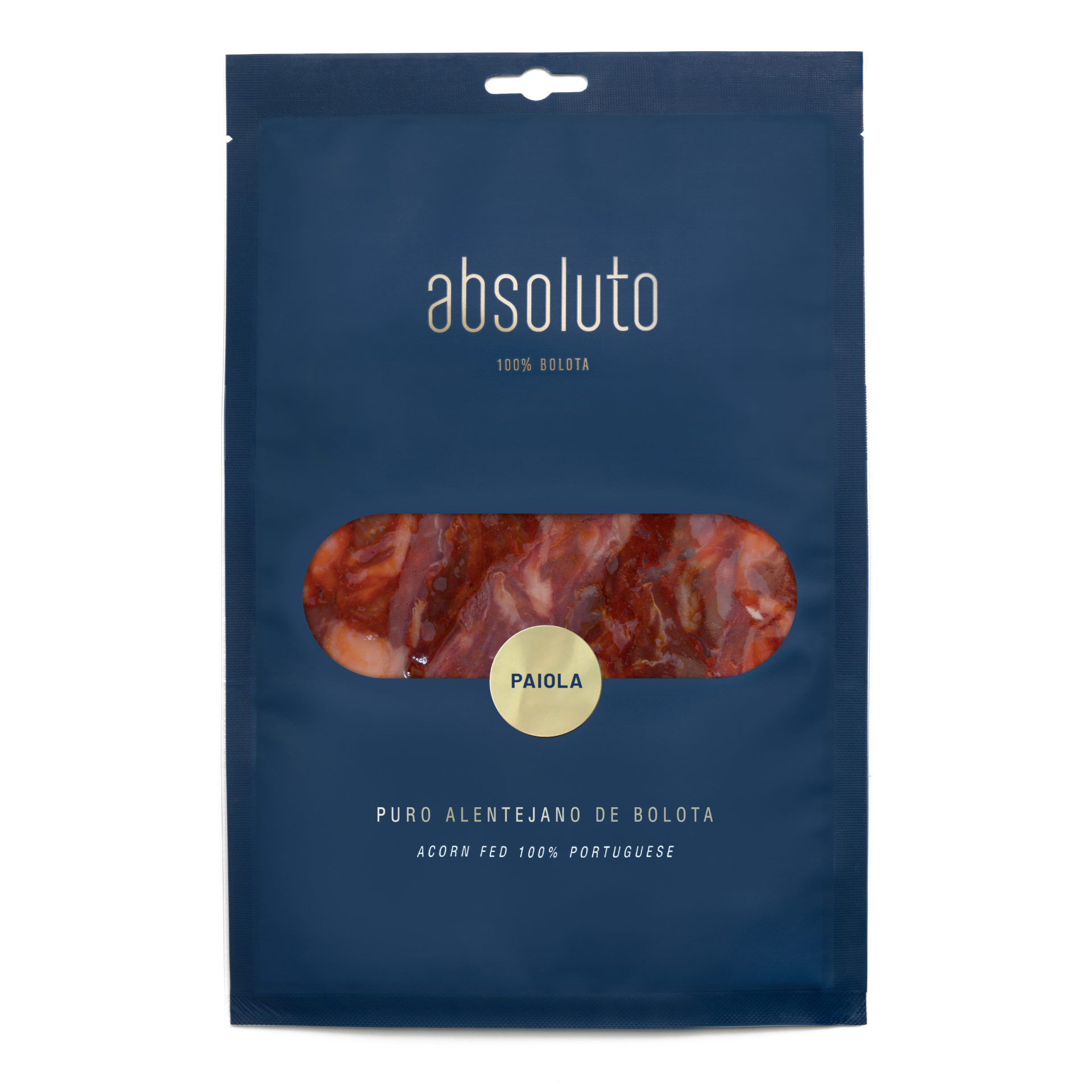 Paiola de porco preto alentejano 100% bolota Embalagem azul escura de chouriço com texto absoluto 100% boota