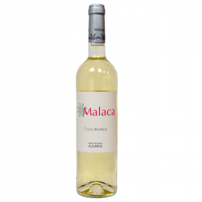 Garrafa de vinho branco Malaca com rótulo e tampa prateada