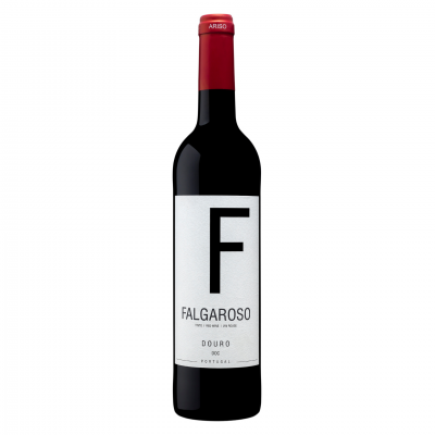 Garrafa de vinho tinto Falgaroso com rótulo branco e tampa vermelha
