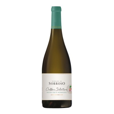 Garrafa de vinho branco Herdade do Sobroso Cellar Selection com rótulo branco e rolha verde