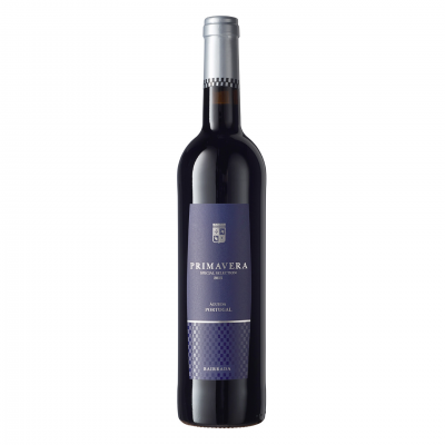 Garrafa de vinho tinto Primavera com rótulo azul escuro e branco