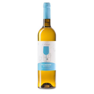 Garrafa de vinho branco S.Caetano com rolha azul claro e rótulo branco e azul