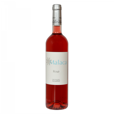Garrafas de vinho rosé Malaca com rótulo branco e tampa prateada