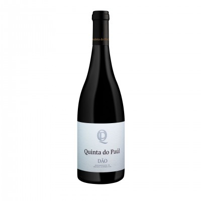Garrafa de vinho Quinta do Paúl DÃO com rótulo branco e cápsula preta.