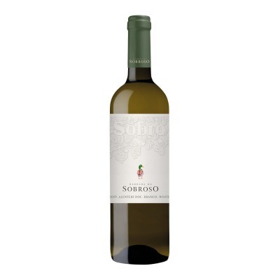 Garrafa de vinho branco Quinta do Sobroso com rótulo branco e tampa verde