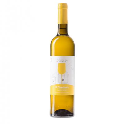 Garrafa de vinho branco S.Caetano com rótulo branco e amarelo