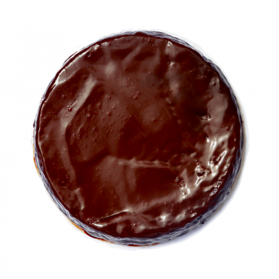 Bolo redondo coberto com chocolate brilhante visto de cima