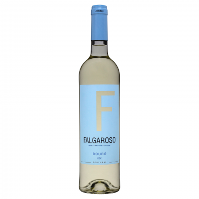 Garrafa de vinho branco Falgaroso com rótulo azul claro e letra F grande