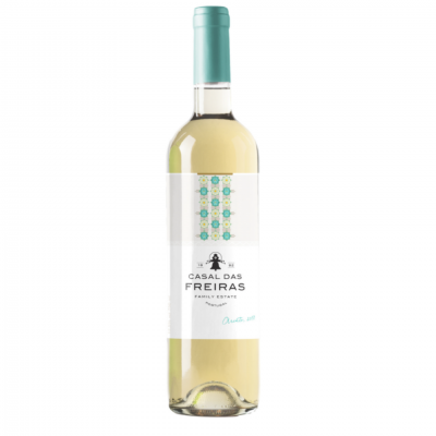 Garrafa de vinho branco Casal das Freiras com rótulo branco e tampa azul clara