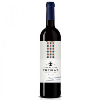 Garrafa de vinho Casal das Freiras com rótulo branco e padrão colorido