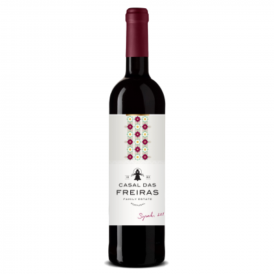 Garrafa de vinho tinto Casal das Freiras Syrah 2018 com rótulo branco e padrão floral