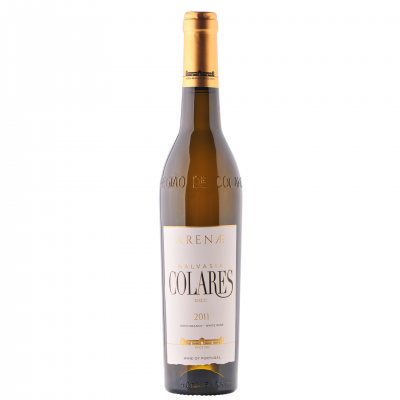 Garrafa de vinho branco Malvasia Colares 2011 com rótulo branco e dourado