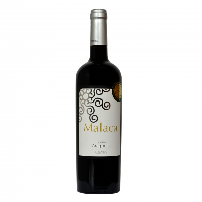 Garrafa de vinho tinto Malaca Reserva Aragonês Algarve com rótulo branco