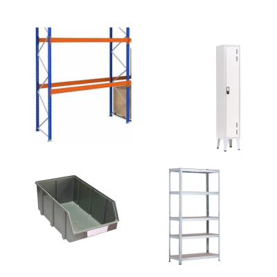 Conjunto de móveis e organizadores metálicos e plásticos para armazenamento