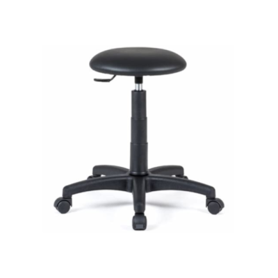 Banco de escritório preto com assento redondo e base com rodas