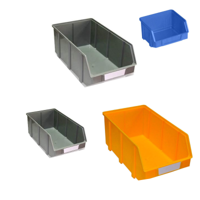 Organizadores de arrumação plásticos azul, amarelo e cinzento com rótulos