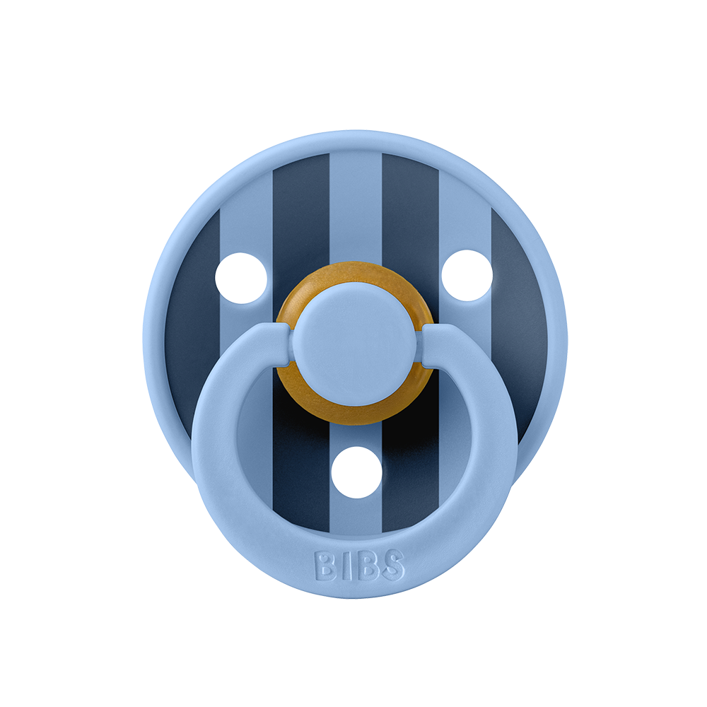 BIBS COLOUR | STUDIO EDITION Chupeta azul claro e escuro às riscas com argola azul claro e peça central amarela