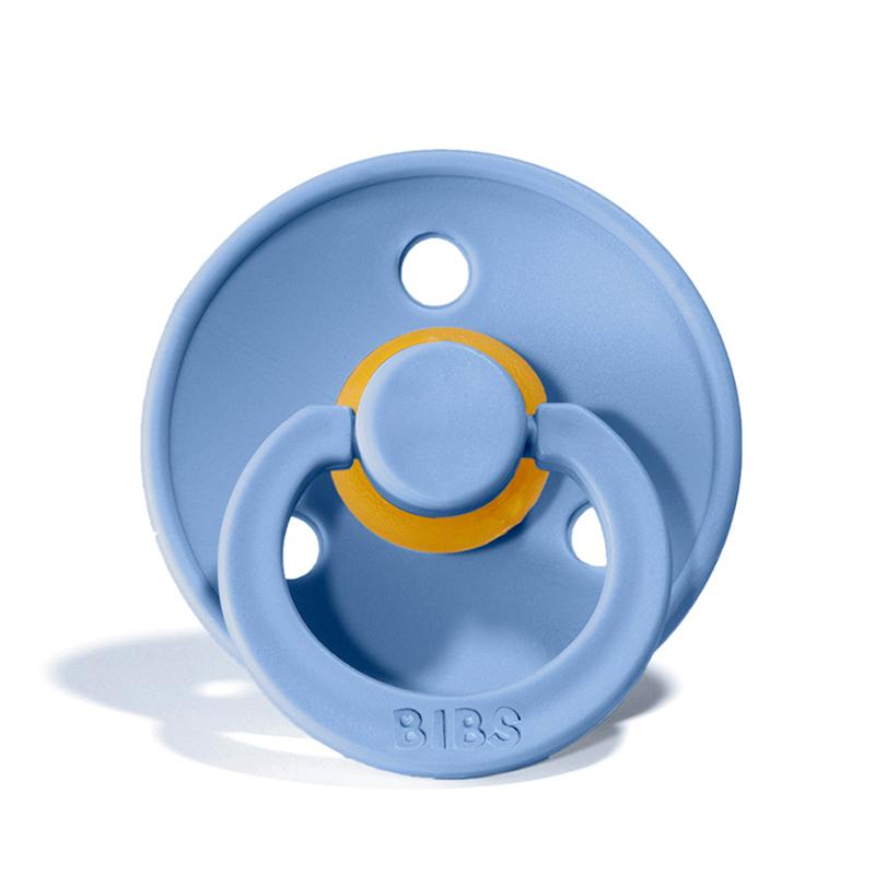 BIBS COLOUR Chupeta azul claro com detalhes amarelos e anel com a marca BIBS