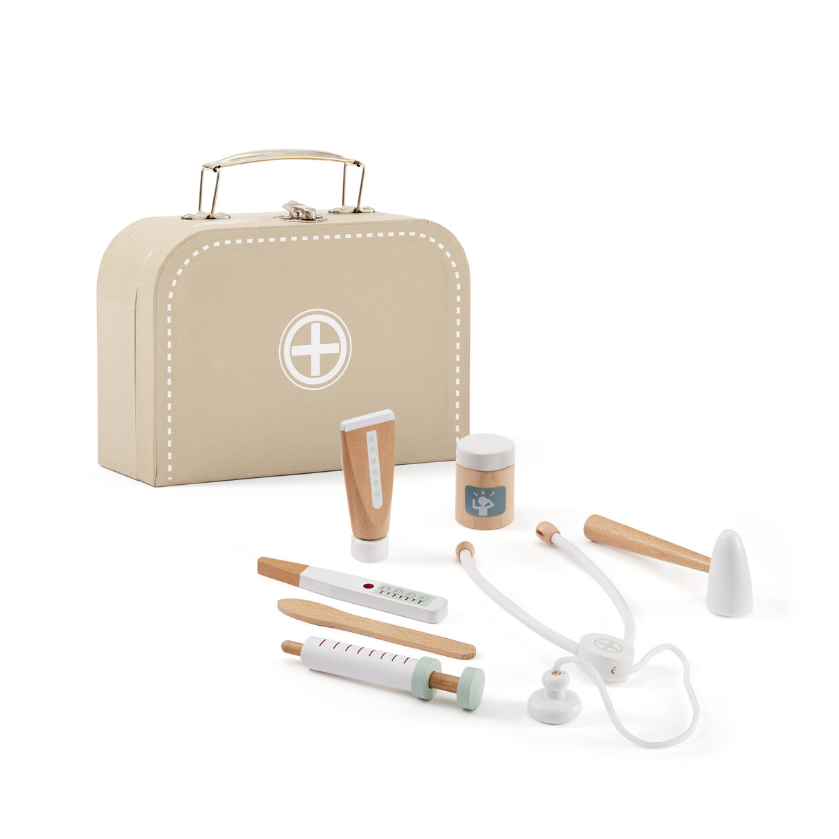 KIT MÉDICO Brinquedo conjunto médico em madeira e plástico com mala bege