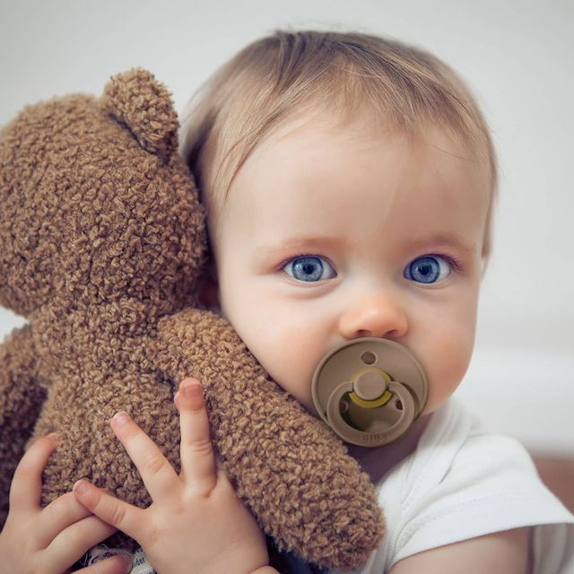 BIBS COLOUR Bebé com chupeta segura ursinho de pelúcia castanho