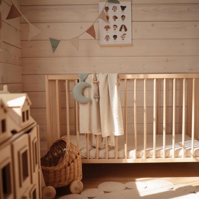 Quarto de bebé com berço de madeira clara, cobertor creme, guirlanda de tecido e brinquedos em carrinho de rattan.