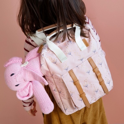 Mochila rosa claro com padrão de flores e elefante em tricot cor-de-rosa