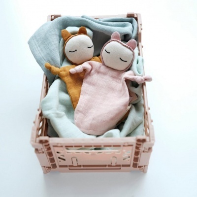 Duas bonecas de pano macio dentro de caixa rosa com tecidos pastéis