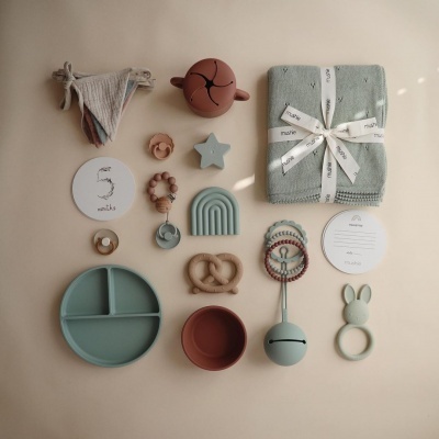 conjunto de produtos para bebé com cores suaves, manta verde amarrada com fita branca e vários brinquedos e utensílios organizados sobre fundo claro