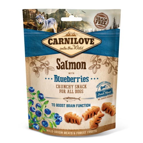 Snacks Carnilove Crunchy Salmon & Blueberries 200gr Embalagem de petiscos para cães Carnilove Salmon com mirtilos, azul e bege