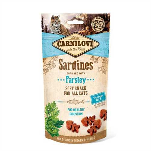 Snacks Carnilove Soft Sardines & Parsley 50gr Embalagem de snack macio para gatos Carnilove sabor sardinhas com salsa