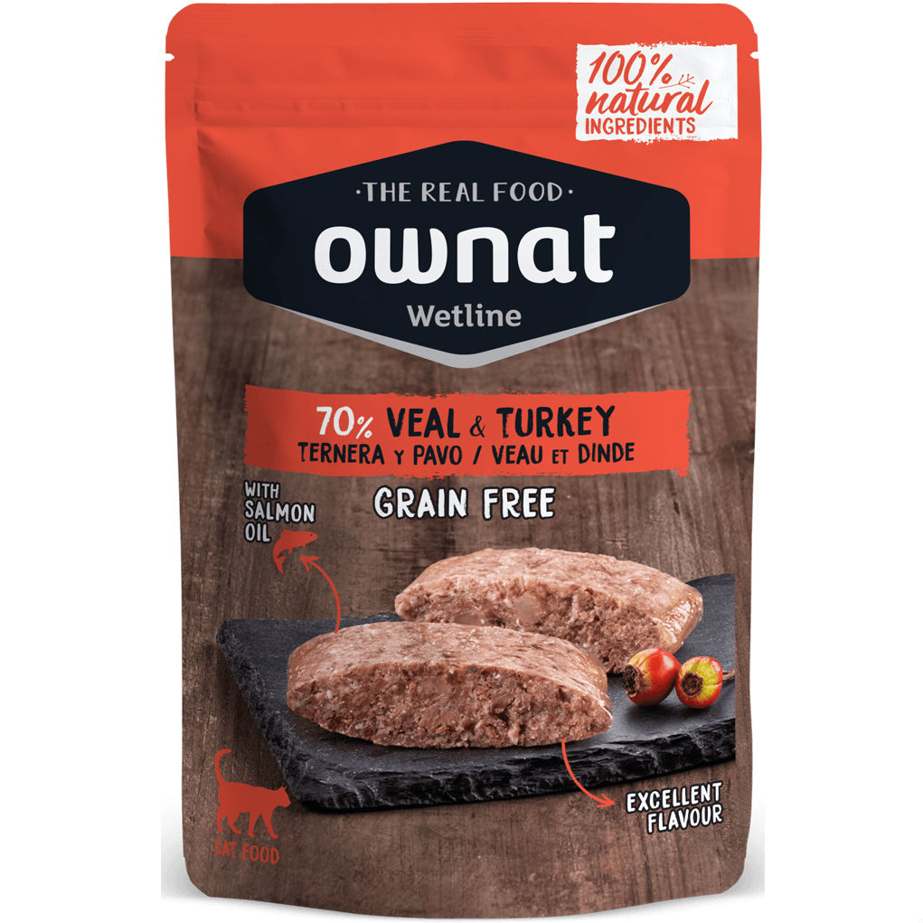 OWNAT CAT VEAL & TURKEY 85GR Embalagem de comida húmida para cães Ownat Wetline com imagem do produto e texto informativo.
